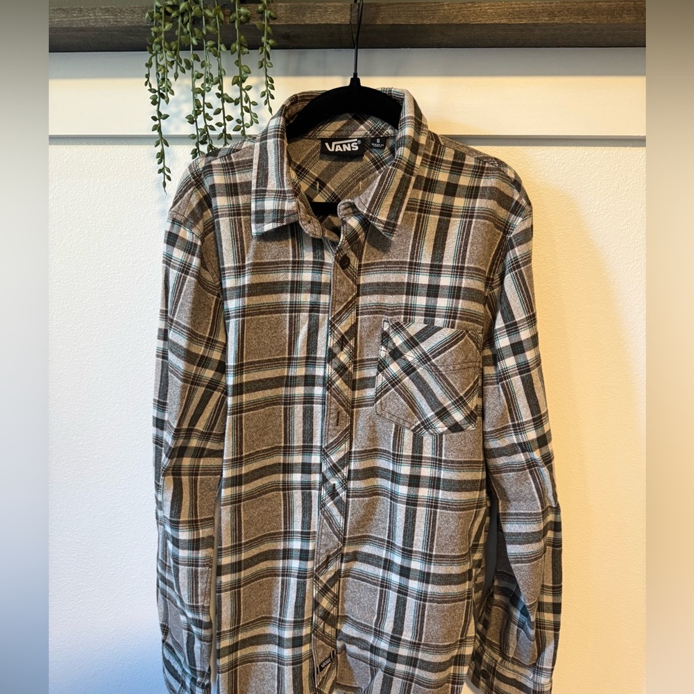 Vans Men's Tan and Black Plaid Button Down Shirt